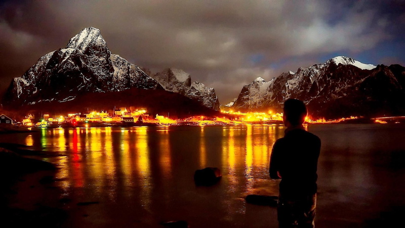 snow, tranquil scene, mountains, fjord, 1080P, tourist attraction, mountain, sky, water, cold temperature, scenics - nature, snowcapped mountain, man