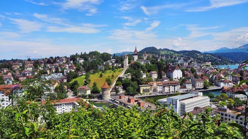architecture, day, musegg wall, switzerland, built structure, landmark, town, townscape, residential district, high angle view, building, growth, cloud - sky