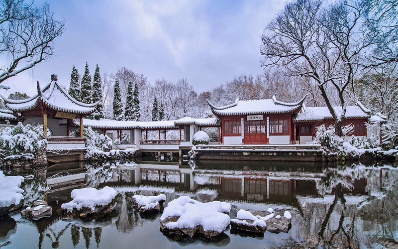lake, Suzhou Gardens, China, winter, Chinese traditional architecture, 1080P, snow, garden