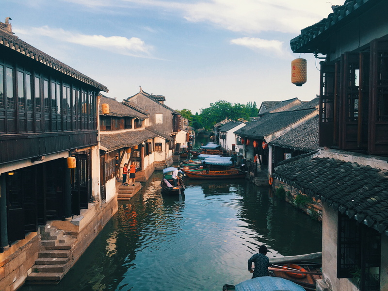 nature, china, travel, zhouzhuangzhen, architecture, cloud - sky, canal, transportation, sky, 4K, residential district, building exterior, day, city, water
