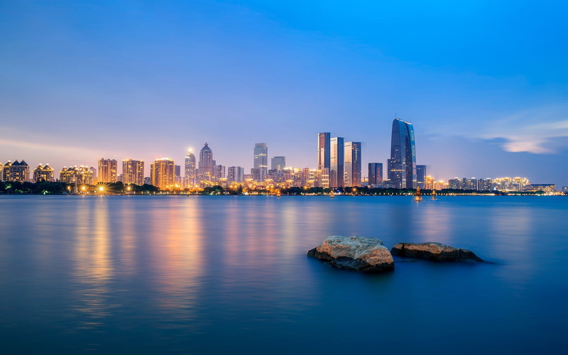 architecture, night, bay, suzhou, waterfront, office building exterior, landscape, cityscape, skyscraper, outdoors, china, tall - high, built structure