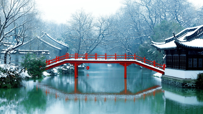 garden, Suzhou Gardens, 1080P, China, snow, winter, lake, Chinese traditional architecture