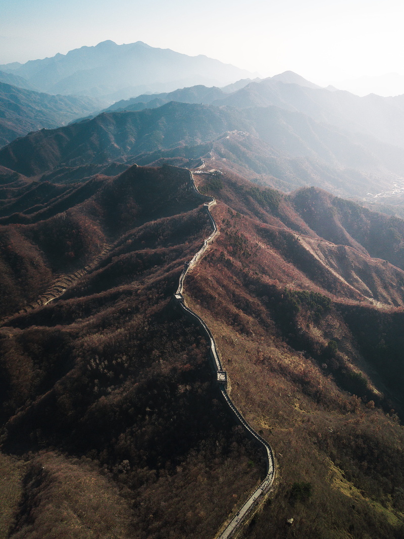 hill, sunlight, wall, nature, china, non-urban scene, idyllic, wonders of the world, Great Wall, tranquility, drone, wonder, travel, physical geography