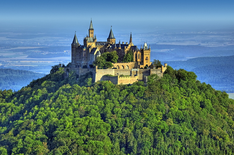 castle, building, Hohenzollern, landscape, forest, 2K
