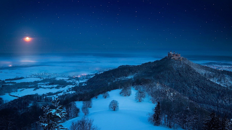 landscape, horizon, moonlight, winter, snow, tranquil scene, europe, forest, environment, space and astronomy, mountain, space, star - space, germany, plant
