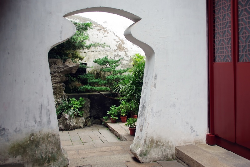 bonsai, tree, garden, building, suzhou, wall - building feature, nature, door, footpath, entrance, plant, day, building exterior, architecture, built structure
