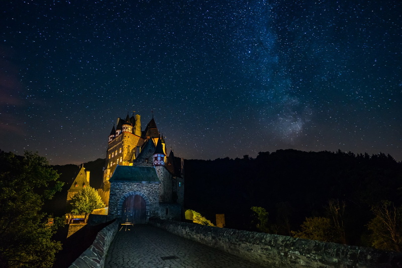 galaxy, architecture, scenics - nature, dark, astronomy, religion, space, nature landscape castle eltz castle trees germany forest bricks tower night lights stars long exposure milky way