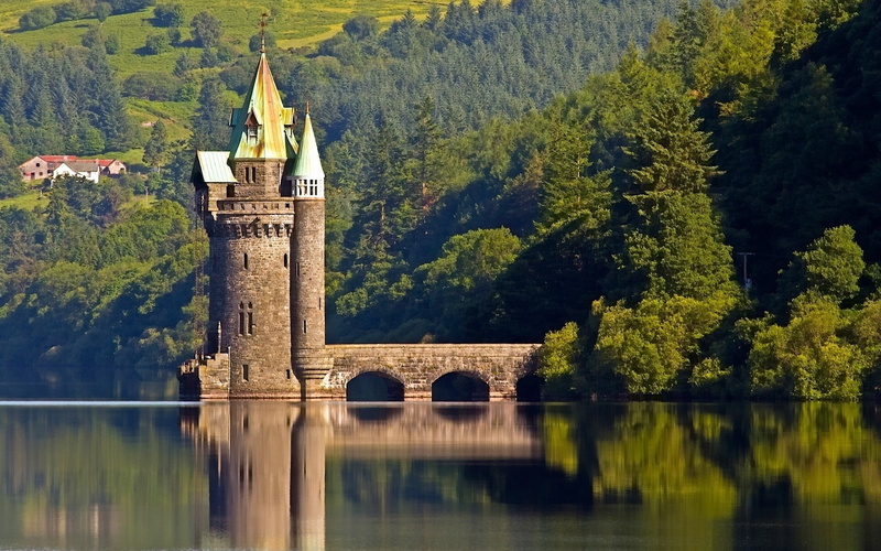 lake, vyrnwy tower, england, landscape, 1080P, vyrnwy, tower, vyrnwy lake