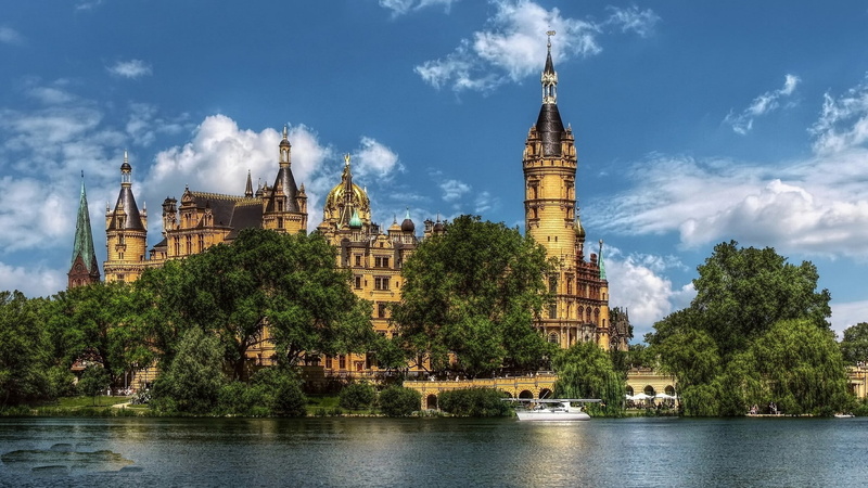 1080P, architecture building old building water trees germany lake castle tower clouds schwerin palace