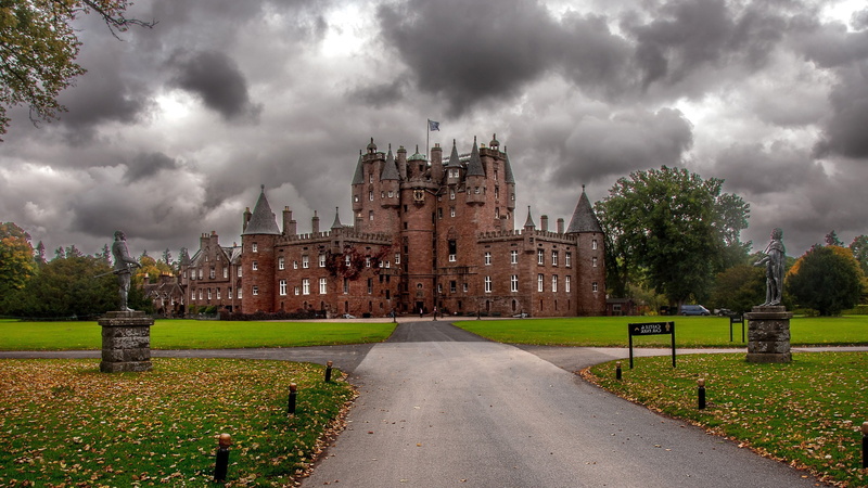history, 2K, gothic style, building, cloud - sky, travel destinations, transportation, street, plant, nature landscape architecture building old building trees castle scotland uk park grass leaves fall clouds road tower sculpture glamis castle
