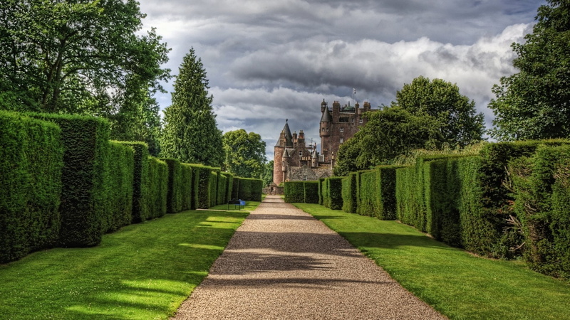 Castles, travel destinations, green color, Glamis Castle, nature, direction, garden path, built structure, cloud - sky, the past, footpath, ornamental garden