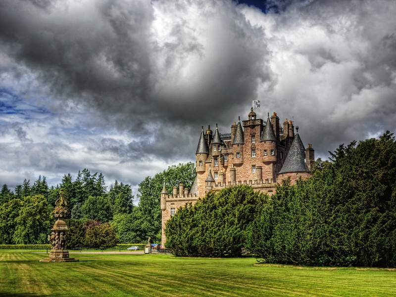 lawn, castle, 1080P, hdr, glamis, zamok, cloud, scotland