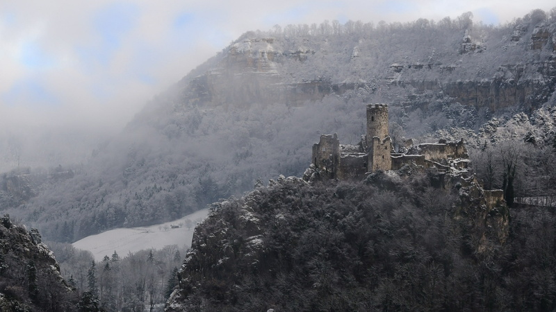 mountains, snow, landscape, Switzerland, Neu Falkenstein, mist, ruin, forest, abandoned, winter, trees, 2K