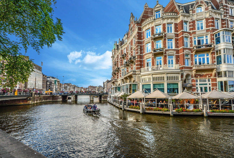 amsterdam, boat, city, rise, mode of transportation, nature, tourism, high, built structure, outdoors, water, residential district, passing, restaurant