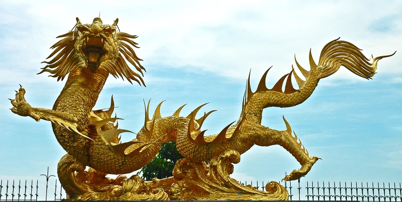 shallow, sculpture, craft, asia, nature, focus, statue, dragons, gold colored, gold, golden, low angle view, day, cloud - sky, thailand, art and craft