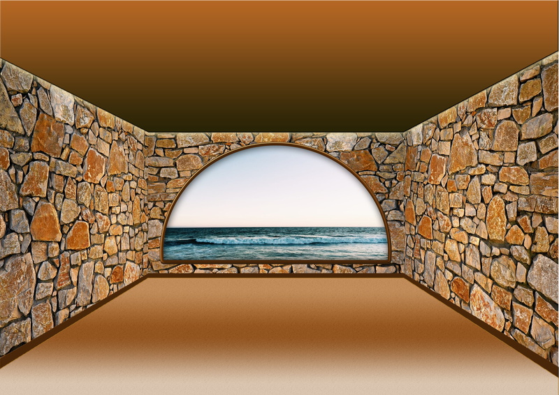 indoors, decor, rooms, brick wall, sea, sky, inside, surrounding wall, architecture, wall, lifestyle, brick, window, arched window, interior, stone material