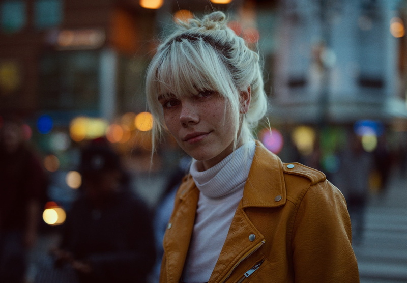 trench coat, lifestyles, hair, women outdoors, blond hair, scarf, orange jacket, blonde, freckles, headshot, Jesse Herzog, city life, warm clothing, women