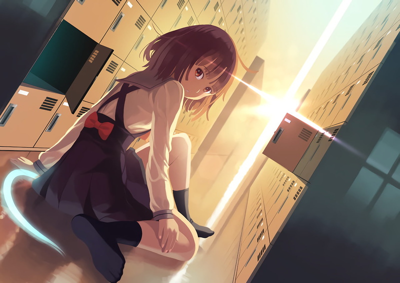 Monogatari Series, school, Sengoku Nadeko, anime, dark hair, sun rays, artwork, white skin, anime girls, 720P