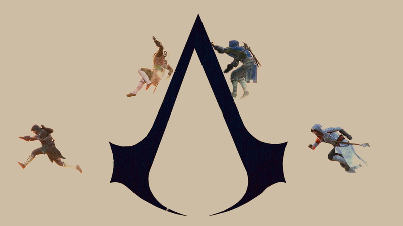 adult, jumping, mid-air, creed, studio shot, logo, 1080P, indoors, two people, video games, human limb, climbing, arms raised, Assassins Creed, freedom
