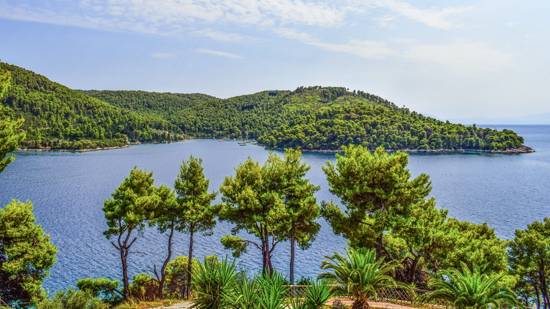 non-urban scene, sky, coniferous tree, andrines, 5K, green, lagoon, nature, island, sea, scenics - nature, land, green color, mediterranean, pine forest