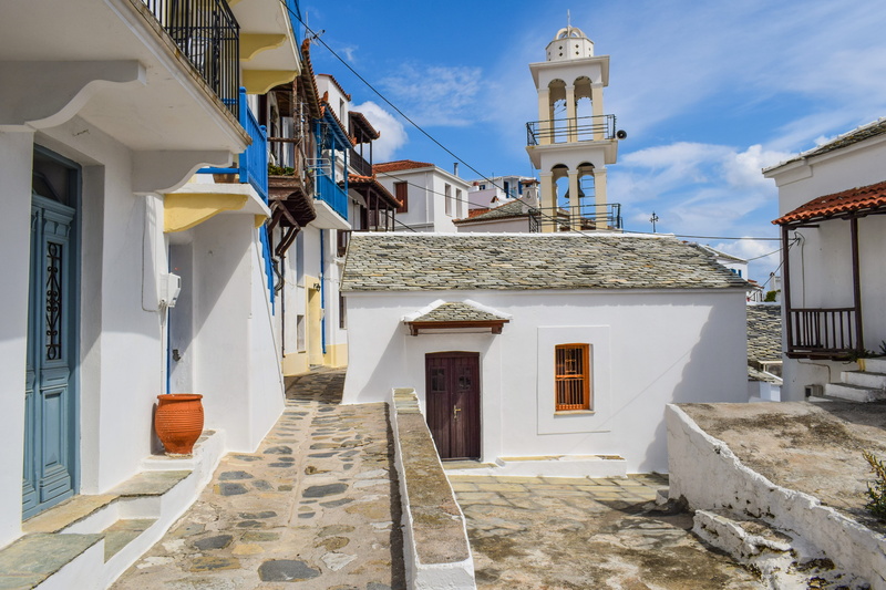 traditional, sunlight, religion, sporades, houses, street, the way forward, skopelos, town, outdoors, church, nature, day, house, building exterior, island