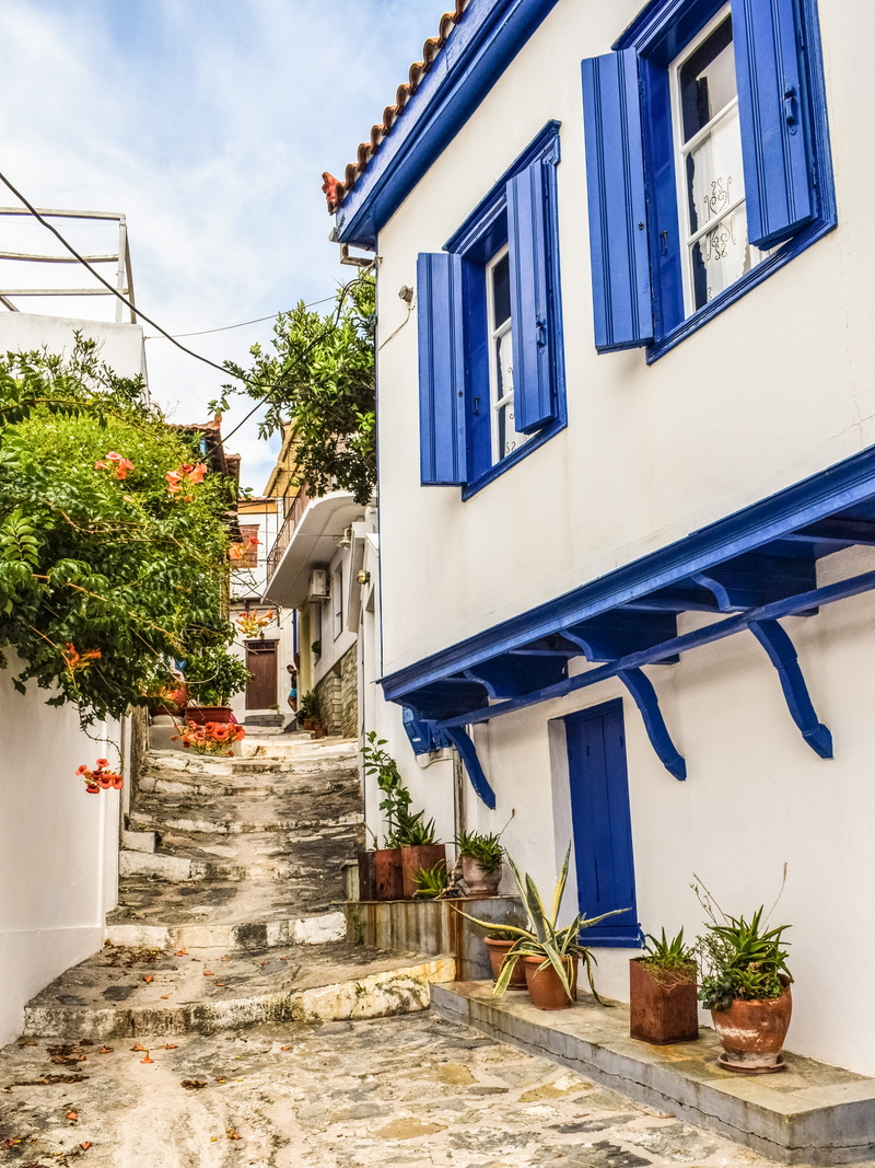 built structure, island, skopelos, architecture, village, greek, house, day, tree, no people, mediterranean, city, houseplant, alley, outdoors, 4K, traditional