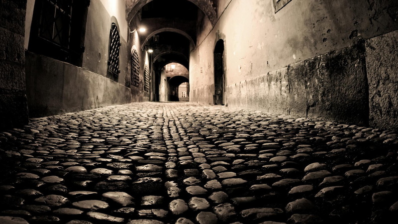 1080P, lights, cobblestone, cobblestoned, night, black and white, alley, nature and landscapes