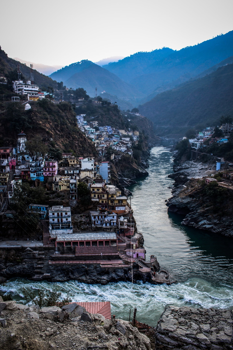 no people, snow, scenics - nature, built structure, architecture, water, blue, day, snow mountain, peak, high angle view, building, ganges, hills, landscape