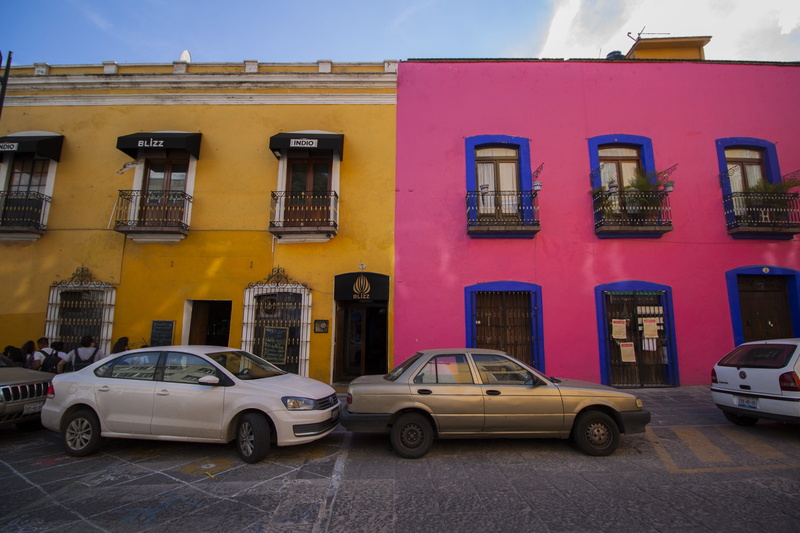 houses, street, puebla, city, building exterior, road, motor vehicle, building, color, window, travel, parking, outdoors, land vehicle, architecture, built structure