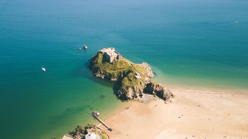 aerial view, beach, coastline, beauty in nature, UK, day, tranquil scene, tourism, vacations, rock - Object, scenics, shore, travel, 4K, bird, non-urban scene