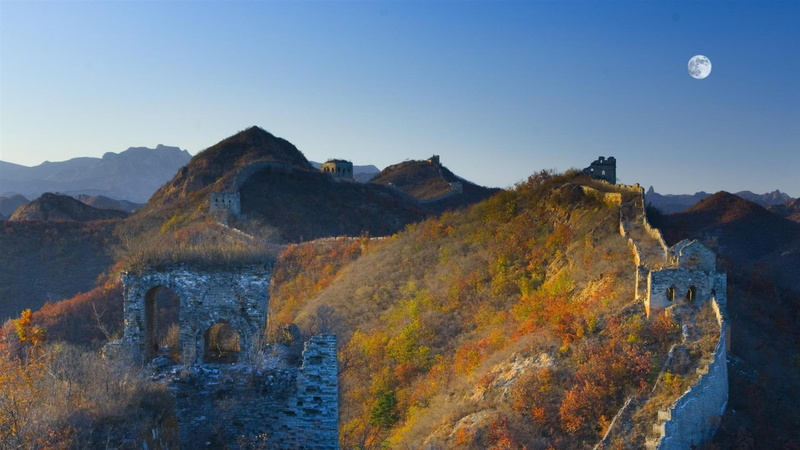 great, 1080P, moon, ruins, nature and landscapes, mountains, wall