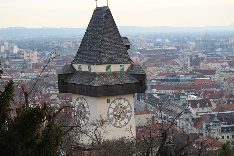 city, building exterior, place of worship, religion, tree, nature, graz, styria, landmark, built structure, sky, tower, skyscraper, day, black, residential district