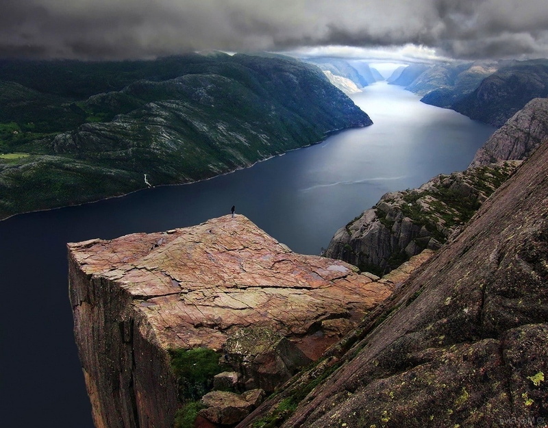 solid, sky, tranquil scene, travel, mountain range, environment, rock, preikestolen norway fjord clouds cliff mountain sea green blue nature landscape