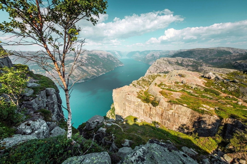 Norway, clouds, summer, Canyon, rock - object, mountain, non-urban scene, tranquility, plant, 720P, sea, flowing water, outdoors, tree, idyllic, tranquil scene