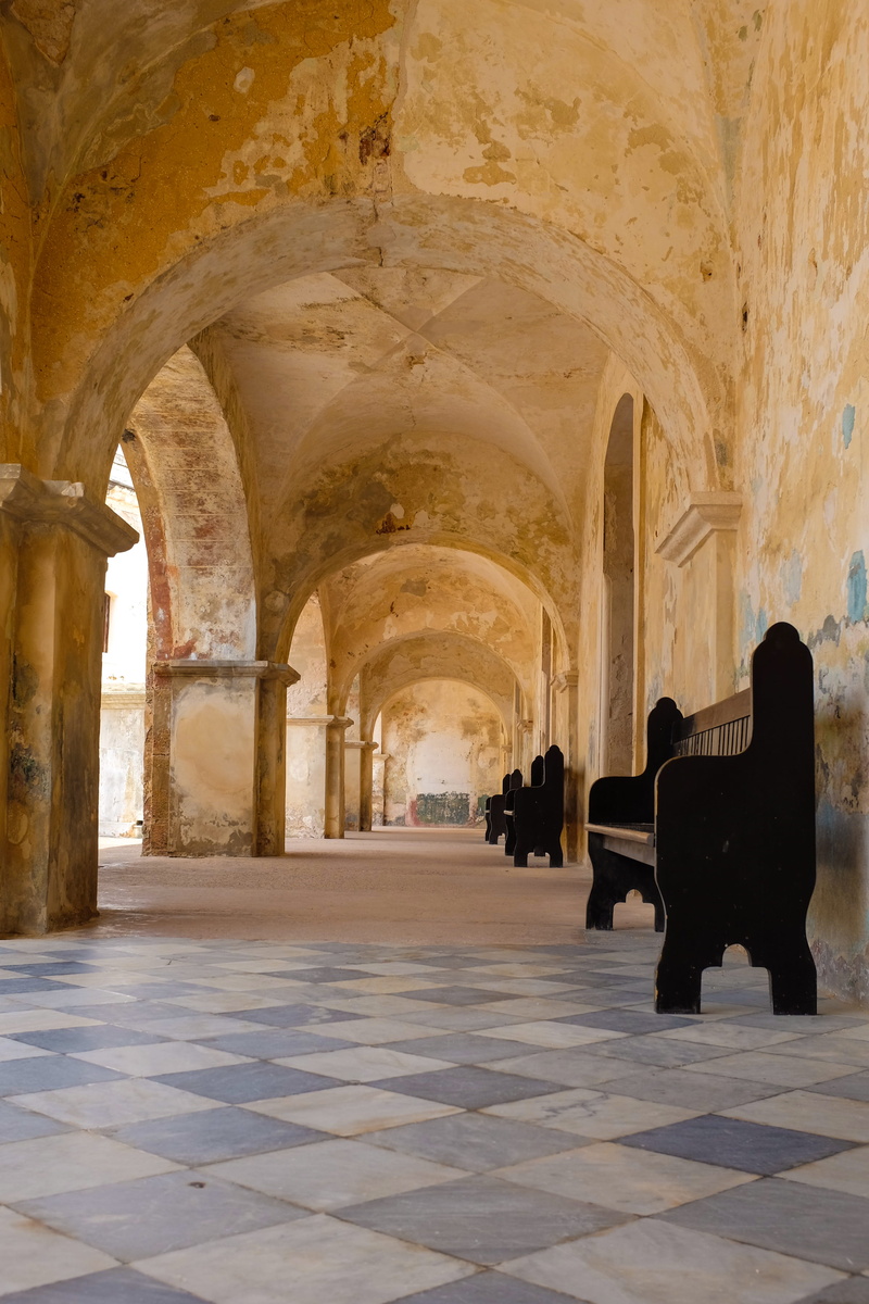 fortress, diminishing perspective, the past, the way forward, day, historic, old, colonnade, puerto rico, empty, indoors, bench, arcade, corridor, direction