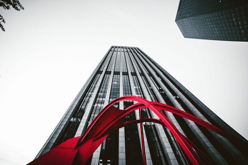 low angle view, worms eye view, Los Angeles, selective coloring, city, architecture, office, travel destinations, office building exterior, outdoors, day