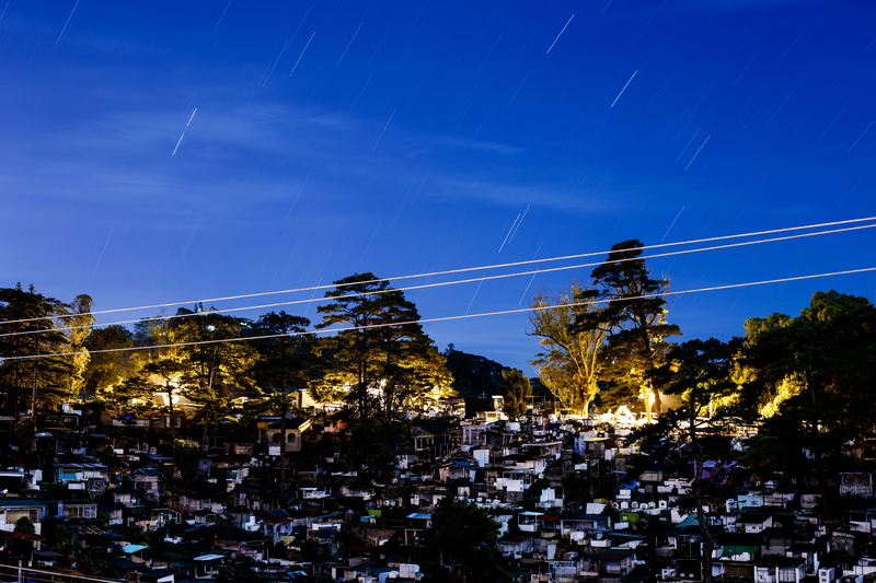 cable, scenery, travel, blue, landscape, electricity, cooyeesan hotel plaza, star movement, 8K, night, outdoors, cityscape, plant, baguio, built structure