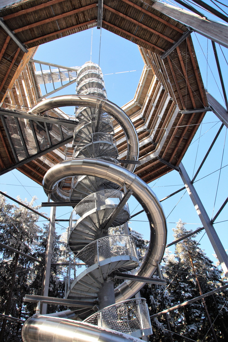 connection, sky, transportation, Trail, slide, city, travel destinations, low angle view, trail treetops, Treetops, tower, metal, clear sky, building exterior