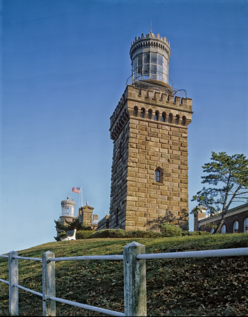 outdoors, clear sky, landmark, architecture, scenic, day, lighthouse, low angle view, lighthouses, lookout tower, blue, navesink twin lights, security