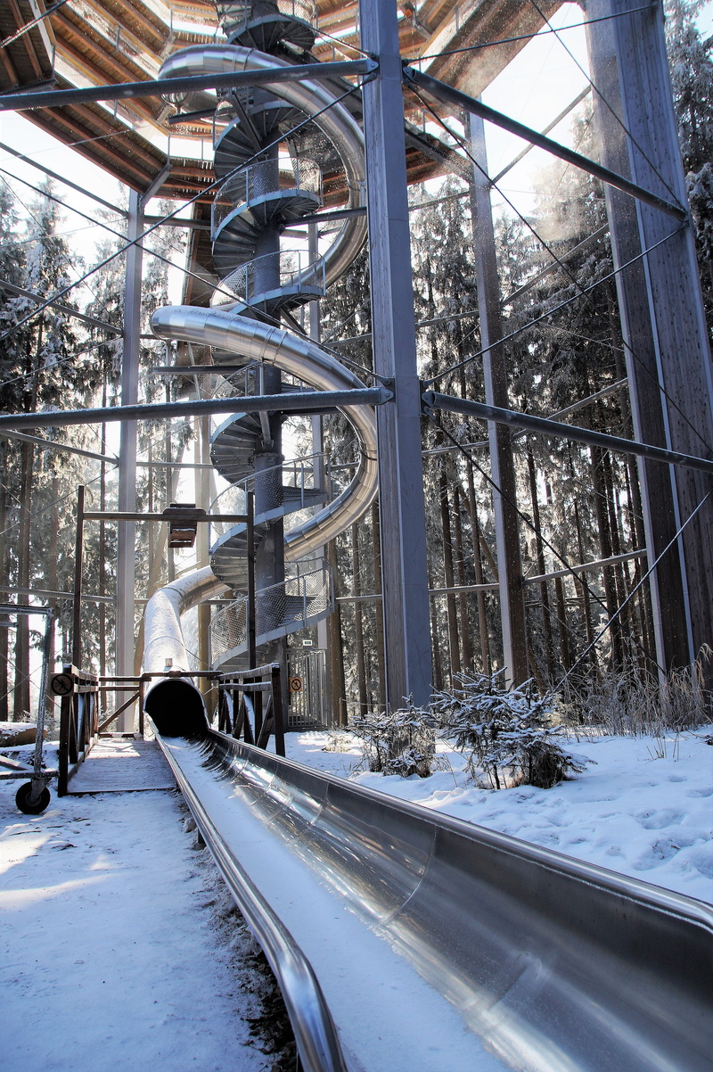 no people, nature, lookout, treetops, snow, tower, snowing, šumava, cold temperature, trail treetops, covering, transportation, attraction, travel destinations