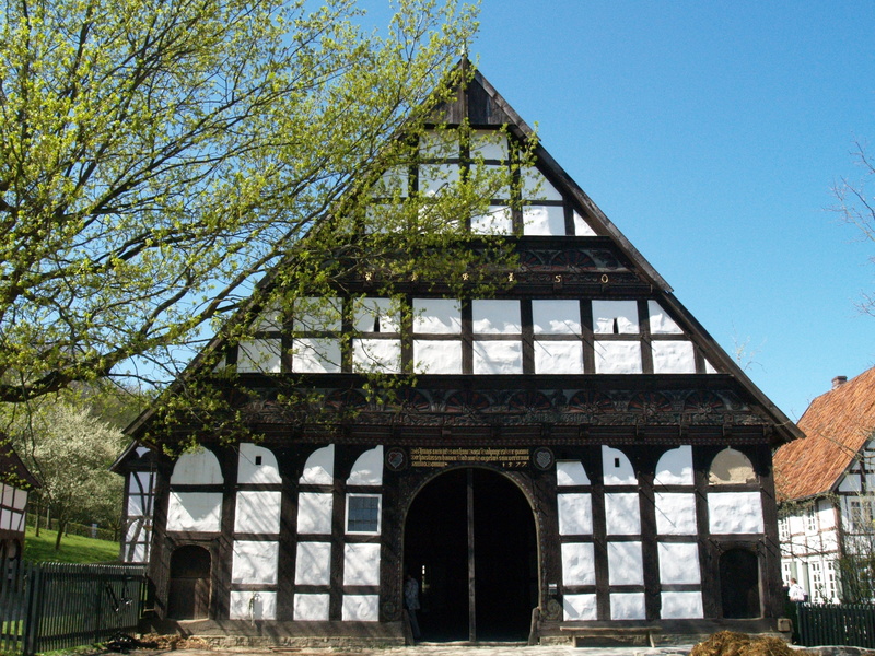 clear sky, arch, fachwerkhaus, truss, the past, construction art, museum of local history, tree, sky, day, window, bar, detmold, city view, construction