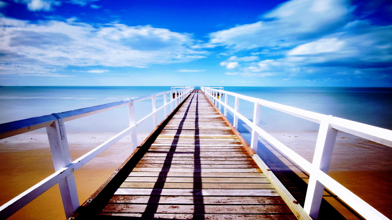 scenics - nature, diminishing perspective, sea, nature, pathway, wood - material, blue, wood paneling, tranquil scene, 4K, long, brown, orange, turquoise
