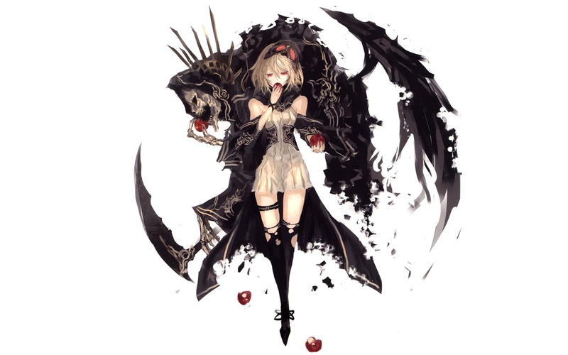 artwork, x, apple, art, Skulls, technology, background, apples, white, pixiv, hd, women, death, 720P, red, scythe, eyes