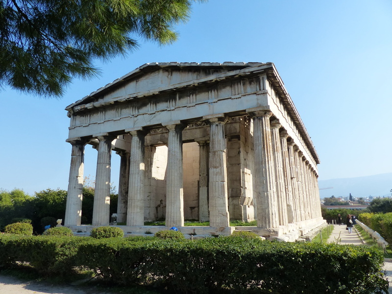 growth, sky, low angle view, agora, athens, plant, day, travel, architecture, architectural column, no people, history, tourism, 2K, built structure, grass