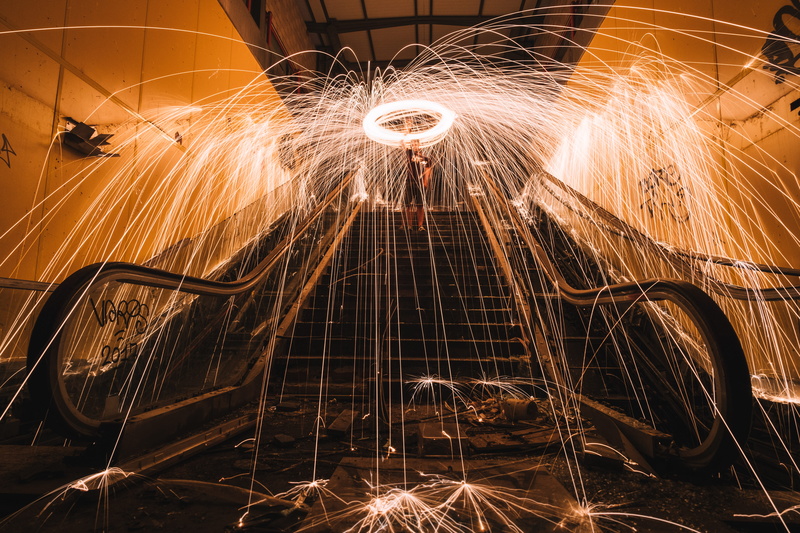 spinning, factory, dance, standing, 5K, sparks, alloy, flame, steel, fire - Natural Phenomenon, illuminated, fireworks display, long exposure, technology
