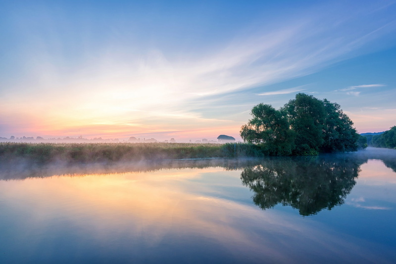 1080P, summer, morning, Worcestershire, mist, England, river, Avon River, avon