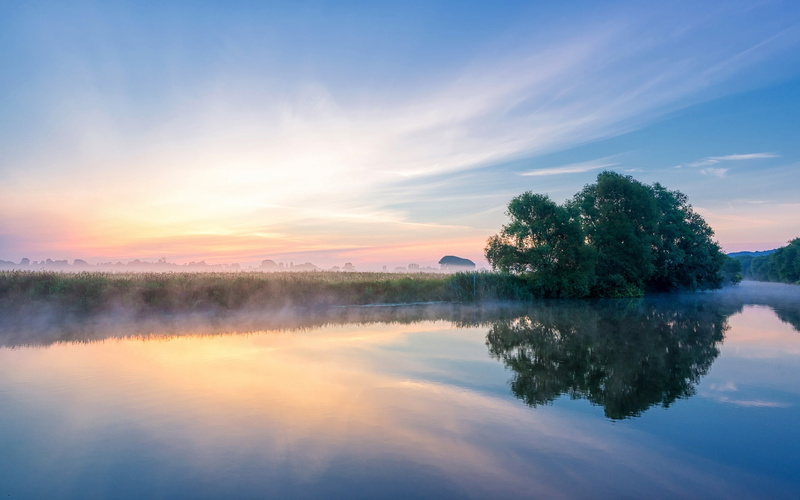 England, water, body, avon, Fog, County, Summer, River, 1080P, Worcestershire, Morning