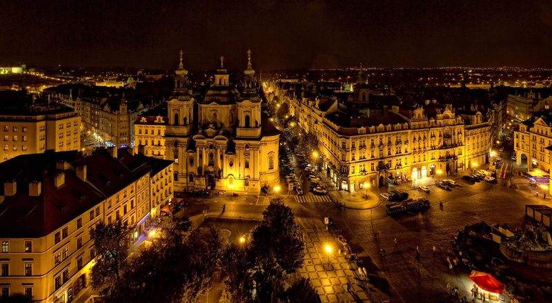 located, illuminated, high angle view, building exterior, transportation, building, street, incidental people, city, Prague, cityscape, nighttime, Praga