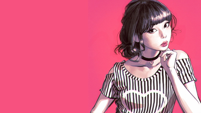 pink color, beauty, 1080P, copy space, headshot, adult, young women, portrait, contemplation, fashion, artwork, young adult, hair, one person, bangs, women