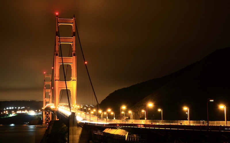 street light, connection, suspension Bridge, mode of transportation, highway, outdoors, blue, nature, concrete, illuminated, night, light, lights, golden Gate Bridge